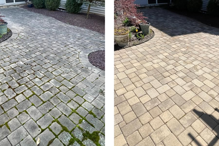 Technician performing professional paver cleaning on a historic gettysburg patio